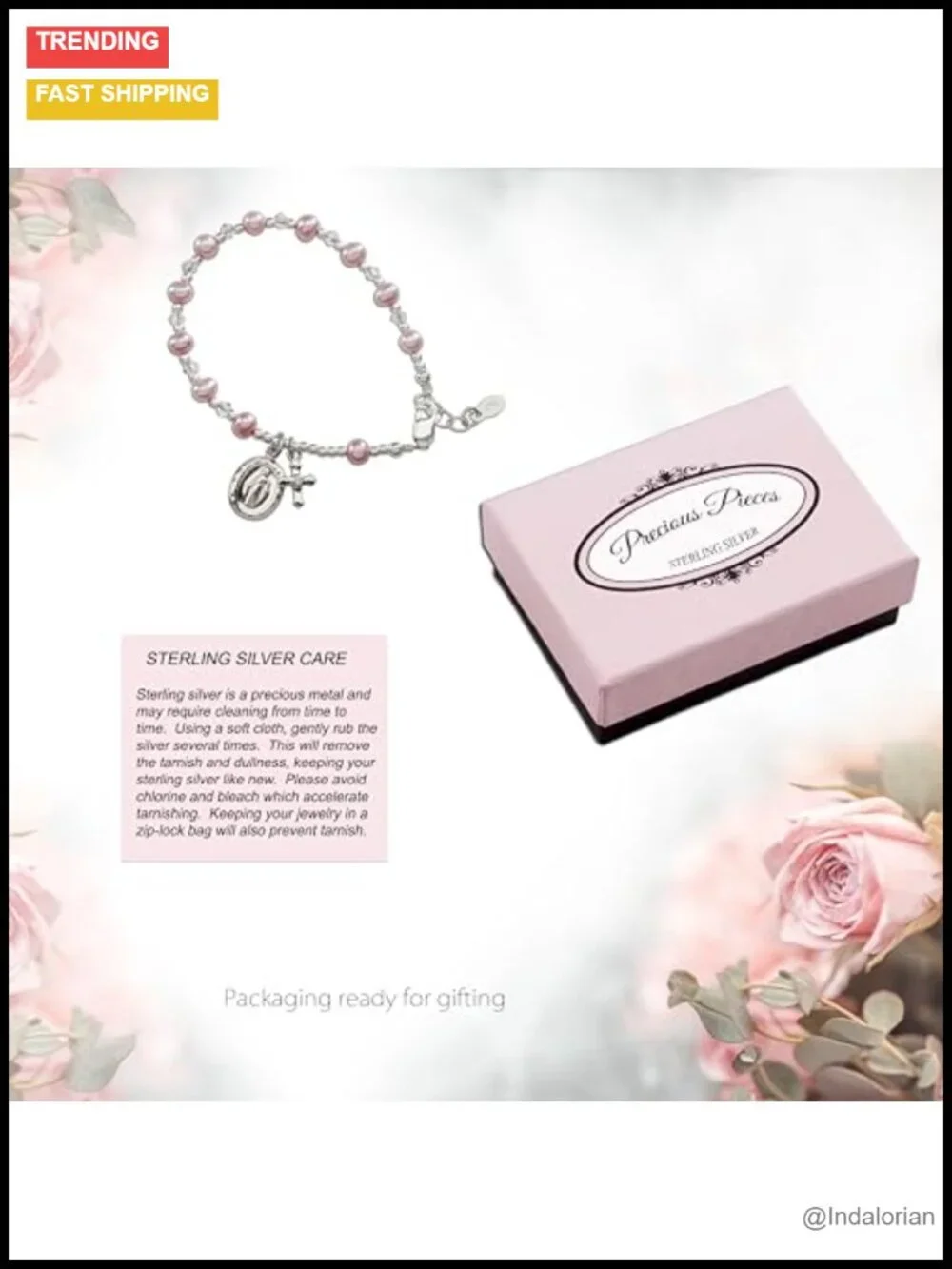 Kids Rosary Bracelet Sterling Silver 925 First Communion Gift Pink Pearls